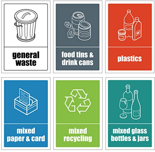 Mixed Set of Recycling Bin Signs/Stickers Pack - Self Adhesive Vinyl - Pack of 6 Stickers (150mm x 100mm)