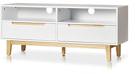 KHG TV-Lowboard mit 2 Fächern & 2 Schubladen im Scandi-Look, TV-Bank aus Holzwerkstoff weiß lackiert, Gestell & Akzente aus massiver Kiefer Natur - 120 x 50 x 38 cm (B/H/T), Kommoden:Lowboard