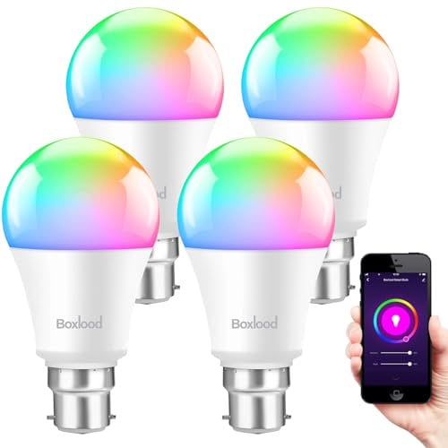 Boxlood Smart Bayonet Light Bulb, 4 Packs RGB Color Changing LED Light Bulb Work with Alexa Echo Google Home, 60W Equivalent, Dimmable 2700K-6500K Warm to Cool White, No Hub Required
