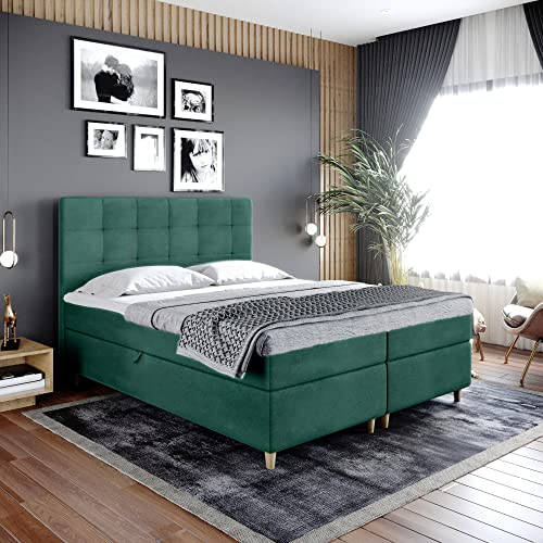 Boxspringbett Dante - Doppelbett, Bett mit Bonellmatratze und Topper, 2 Bettkästen für Bettwäsche, Polsterbett, Modern, Elegant, Schlafzimmer, Schlafzimmermöbel, Schlafzimmerbett (140x200, Grün)