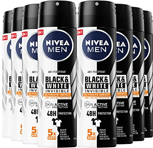 Nivea Men Black & White Invisible Ultimate Impact Deodorant für Herren, Antitranspirant-Spray 48h SkinActive Protection gegen schlechte Gerüche, Schweißflecken, Rückstände, Irritationen - 8 Flaschen à