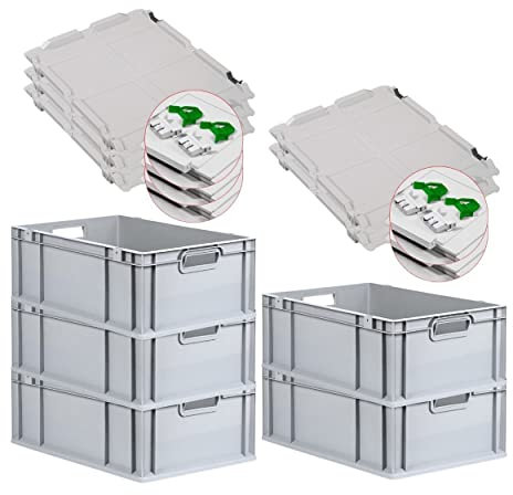 PROREGAL SuperSparSet 5x Eurobox NextGen Grip mit Scharnierdeckel und grünen Schiebeschnappverschlüssen, HxBxT 22x40x60cm, 44 L, Grau, Griffe offen, Eurobehälter, Transportbox