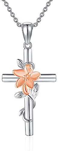 JERWLI Lilie Halskette 925 Sterling Silber Lilie Kreuz Anhänger Halskette May Geburt Blume Schmuck für Frauen Mädchen