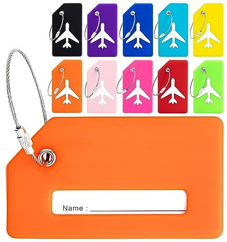 TAOPE Lot de 10 Étiquettes Bagage en Silicone avec Carte d'identité, Étiquette Valise Avion en Silicone avec Cordes en Acier Inoxydable, Etiquette de Sac à Main, Sacs à Dos, Voyages (10 Couleurs)
