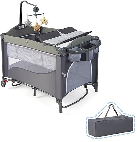 LIFEZEAL 5 in 1 Faltbares Babybett, Atmungsaktives Beistellbett für Baby 0-3 Jahre mit Matratze und Tragetasche, Reisebett mit Wickeltisch und Gurt (Blaugrün)