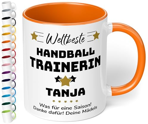 True Statements Geschenk für Trainerin: Keramik-Tasse „Weltbeste Trainerin“ personalisiert mit Sportart, Namen und Wunschtext – Kaffeebecher 330ml. – Tanz Zumba (Orange)
