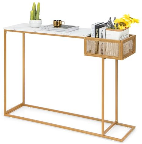 COSTWAY Konsolentisch schmal, Beistelltisch Marmor Optik, Flurtisch mit Korb & goldenem Metallgestell, Eingangstisch modern, für Wohnzimmer Eingang Flur, 110 x 30 x 80 cm