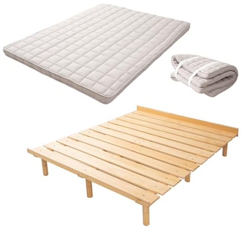 EMOOR Japanische Futon-Matratze Machi und Futonbett OSMOS Set 160 x 200 cm, Natur-Braun, 3 Höhen Verstellbar, Einfach zu Montieren, Japanisches Schlafbett Tatami-Matte Holzlatten-Bett Palettenbett