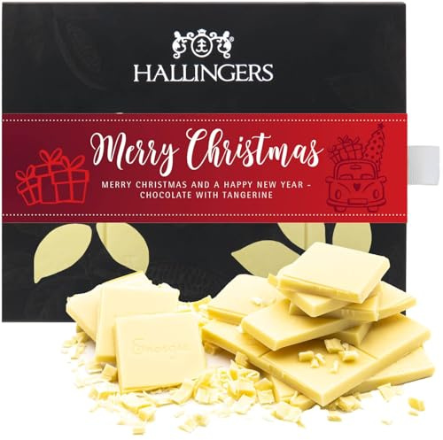 Hallingers Genuss Manufaktur Weiße Schokolade Weihnachts-Geschenk - Tafel aus handgeschöpftem Edelkakao ohne Alkohol edler Karton Merry Christmas Mandarine-Zimt, Weihnachten für Frauen Männer