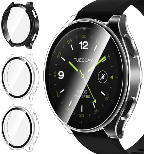 ivoler 3 Stück Hard PC Hülle mit Glas Displayschutz für Xiaomi Watch 2, Vollständige Abdeckung Schutzhülle Ultradünne Kratzfest Schutz Case, 2 Transparent + 1 Schwarz
