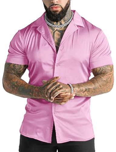 Oanviso Camicie Casual Uomo Camicie di Raso Estive Maglietta Maniche Corte Festa Palla Camicia Elegante Moda Lusso Maglie Slim Fit Shirts Lucido Camicia in Raso Botton-Down Camicie A Rosa XS