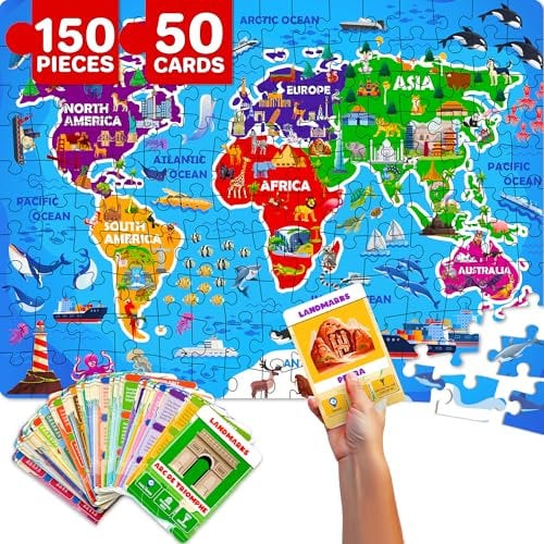 QUOKKA Giant Puzzles For 3 4 Year Olds - 90x60 cm 150pc WORLD MAP Shaped Jigsaw Puzzles For Kids - Large Floor Educational Jigsaw Toys for 3 5 Year Olds - Map Of The World Game Gift For Boys and Girls