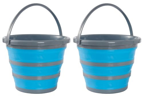 Bramble - 2 Pack 10 Litre Collapsible Multi-use Portable Cleaning Fishing Camping Silicone Bucket, Space Saving Design for Home & Outdoors - Flattens to 5cm (2 Pack) - Blue/Grey