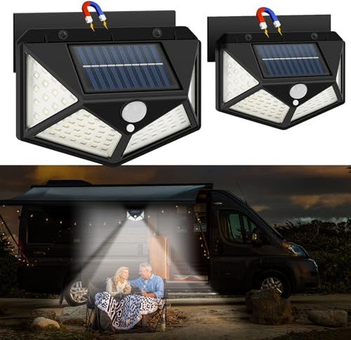 DZGKGM Magnetische Bewegungsmelder-Licht, Solar-Wohnmobil-Veranda-Licht, Außenbeleuchtung für Wohnmobil, Wohnmobil-Lichter, Outdoor, Markisenlichter für Anhänger, 5. Räder, 100 LEDs, 2 Stück