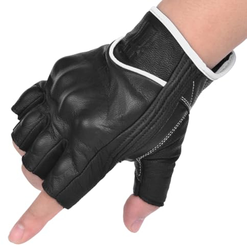 Harssidanzar Herren Fingerlose Motorradhandschuhe Ziegenleder Handschuhe GM037EU, Schwarz/Weiß, Größe L