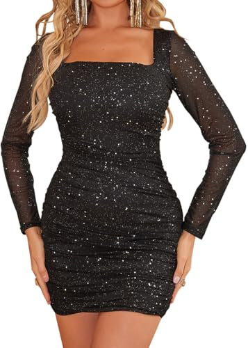MOEENCN Women Mesh Dress Sparkly Sequin Long Sleeve Square Collar Pleated Bodycon Dresses Party Night Club Outfits Black Sequin S