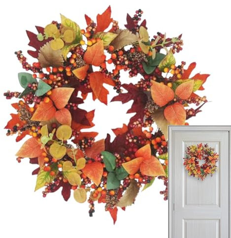 Autumn Berry Wreath for Front Door 13-17 Inch - Fall Harvest Festival Rattan Wall Decoration - Thanksgiving Door Hanging