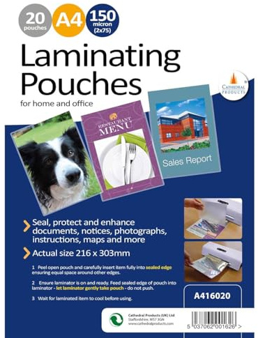 20 x A4 150 Micron Laminating Pouches with Crystal Clear Gloss Finish - Laminator Pouch Set for Home, Office, Business - Protect Important Documents, Posters, Images, Projects
