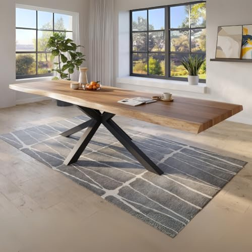 trelevo Esszimmertisch 300x110 cm, Akazienholz massiv 50mm, Tischplatte naturfarben, echte Baumkante, Spider Gestell schwarz, Baumkantentisch