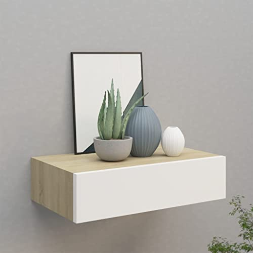Hovothy Étagère flottante, avec tiroir, marron chêne et blanc, console murale avec tiroir de 40 cm, étagère murale en MDF, étagère suspendue en métal 40 x 23,5 x 10 cm
