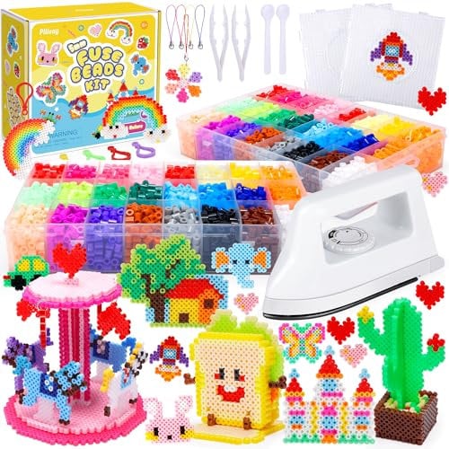 Pllieay Kit de perles de sécurité de 5 mm, 48 couleurs Melty Beads pour le bricolage, kit de perles en fer avec fer amélioré, 2 planches enfichables, papier à repasser et accessoires de chaîne pour