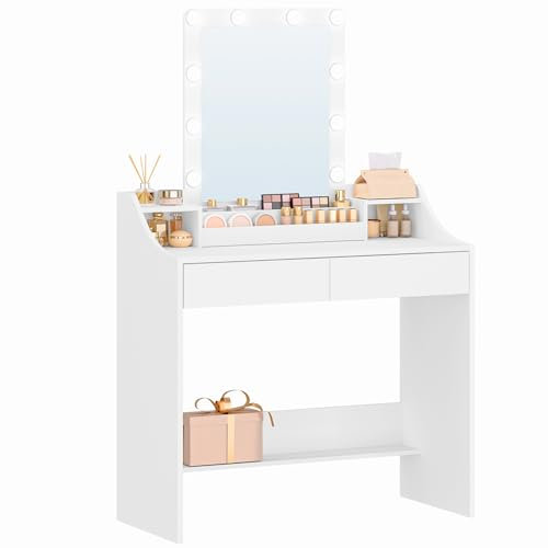 Hzuaneri Schminktisch mit LED-Beleuchtung, 90cm, Einstellbare Helligkeit, Schminktisch mit Spiegel, mit 2 Schubladen und 3 Offenen Fächern, Modern, Weiß DT40703X