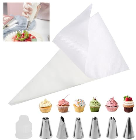 EuAcesry Poche a Douille Patisserie,100 Pcs Poches à Douilles Jetables Professionnelle, avec 6 Différentes Douilles en INOX,1 Adaptateur, pour DIY Deco Gateau, Cupcake, Pâtisserie