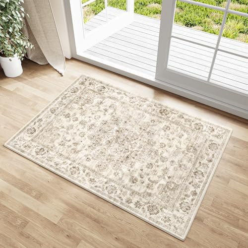 HUGEAR Vintage Beige Waschbarer Teppich im Eingangsbereich 60x90cm fußmatte badezimmerteppich Weich rutschfest Retro Kleiner Tepich Kurzflor Bad Schlafzimmer Carpet Bedroom