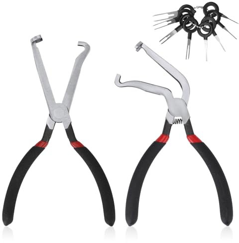 Gosknor 2pcs Electrical Disconnect Pliers for Cars, Curved & Straight Automotive Electric Hose Connector Pliers with 8 Terminal Removal Tool Metal Fuel Line Tools for Push Tab Style Plugs