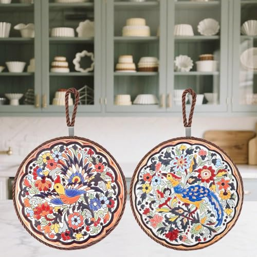 Set 2 sottopentola in ceramica con base in sughero e cordino, presine tonde vintage, adatte per pentole/ciotole/mestoli/bacini/tazze/e pirofile, decorazione cucina (17 cm)