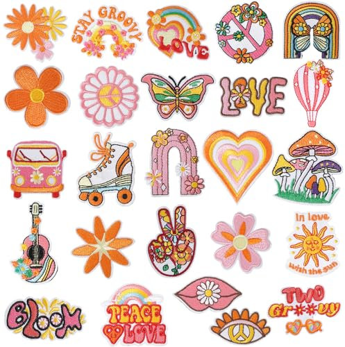 25Pcs Hippie Iron on Vintage Patches, Bügelflicken Kinder Groovy Boho Peace Sign Sew on Embroidered Patches for Clothes, Backpack, Jackets, Jeans, Shirt DIY Crafts