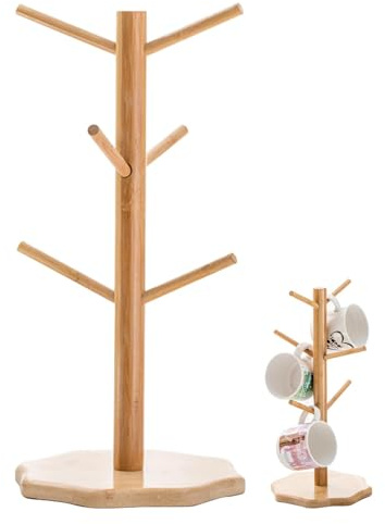 Jiakalamo Porte-tasses en bois de bambou - Porte-gobelets en bois de bambou - Support pour bretzel - Porte-gobelet - Avec 6 crochets - Affichage de la tasse - Plateau de table en bambou - Forme