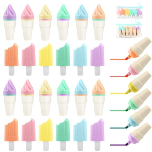 24 Stück Mini Textmarker Eiscreme Set, Eisförmige Textliner Stifte 6 Farbe Pastell Klein Highlighter Marker Textmarker Kinder für Mitgebsel Schule Kleine Geschenke Party Geeignet Kindergeburtstag
