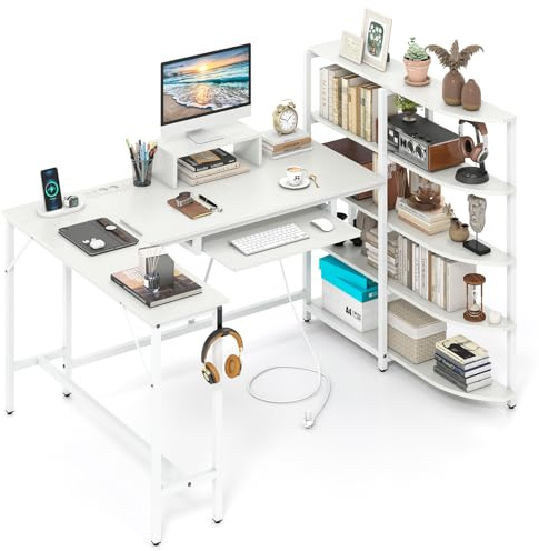 LIFEZEAL Schreibtisch mit Ablagefächern, Eck-Computertisch mit USB-Ladeanschluss & Steckdose, L-förmiger Arbeitstisch mit Tastaturauszug, Computertisch für Homeoffice, Büro (Weiß)