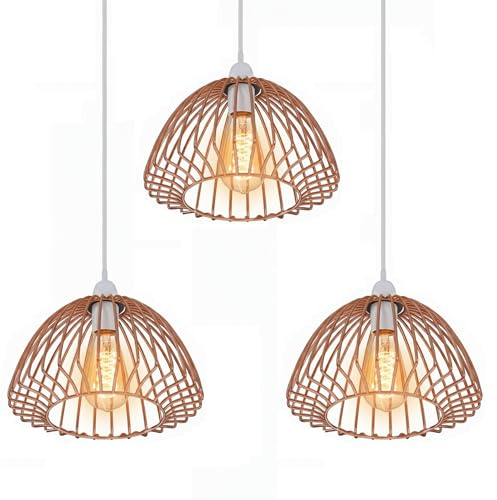 3 Pack Rose Gold Ceiling Light Shade - Metal Pendant Lamp Shade, Modern Designer Cage Lampshade for Bedroom, Living Room, Kitchen, Bedside, Hanging Ceiling Light Fixtures, Industrial Style Lighting