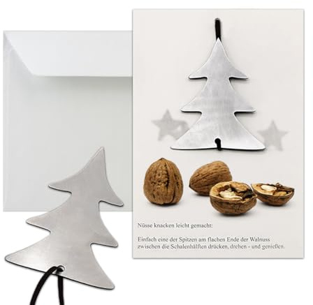 NEUSER PAPIER 5x Grußkarten mit echtem Edelstahl-Nussknacker Form Baum und Lederband inklusive Umschlägen in Naturweiß Format DIN B6