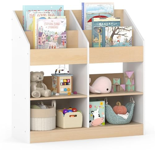 COSTWAY Bücherregal Kinder, Kinderbücherregal mit 8 Fächern, Kinderregal aus Holz, Spielzeugregal, Spielzeug-Organizer für Kinderzimmer, Spielzimmer, 80 x 29,5 x 80 cm, Weiß + Natur
