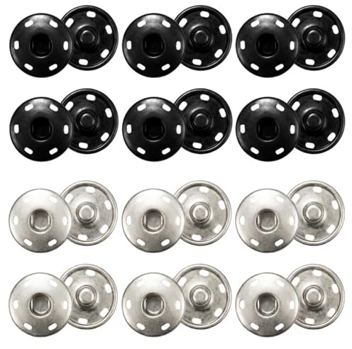 25mm Press Studs Snap Fasteners, 24 Sets Heavy Duty Sew-On Poppers Fasteners (12 Black + 12 Silver), Large Metal Press Studs for Clothing, Jackets, Bags & DIY Crafts