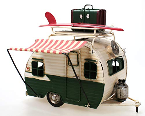 Wohnwagen aus Metall grün mit Rahmen und Spardose Camper Auto Oldtimer Nostalgie