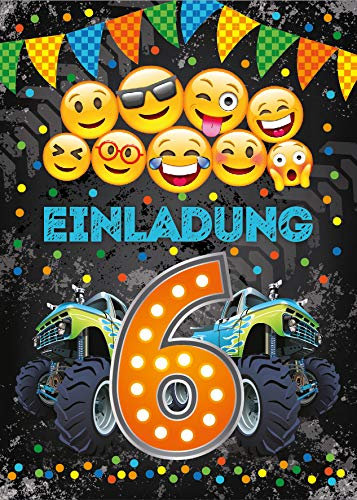 12 Einladungskarten zum 6. Kindergeburtstag Jungen Junge coole bunte Einladungen sechte Geburtstag Kinder Monster-Truck Auto orange