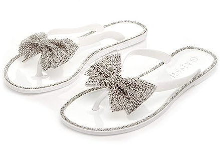 AJVANI flat jelly diamante bow flip flops toe post sandals size 8 41