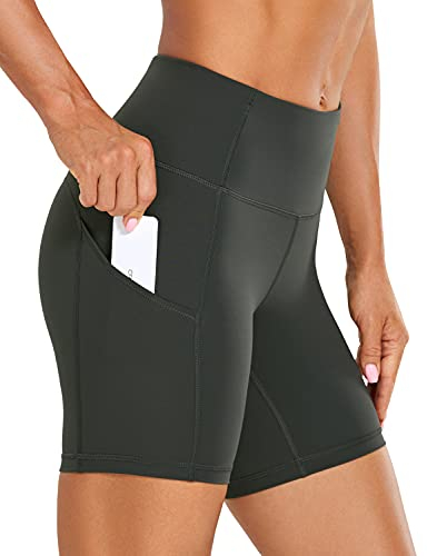 CRZ YOGA Damen Sport Radlerhose Blickdichte High Waist Biker Shorts Running Kurze Leggings mit Tasche - Naked Feeling Light - 15cm Olivgrün 40