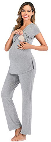 rismart Conjunto de Pijama de Maternidad Camisetas de Manga Corta y Pantalones Largos Premamá Lactancia Camison