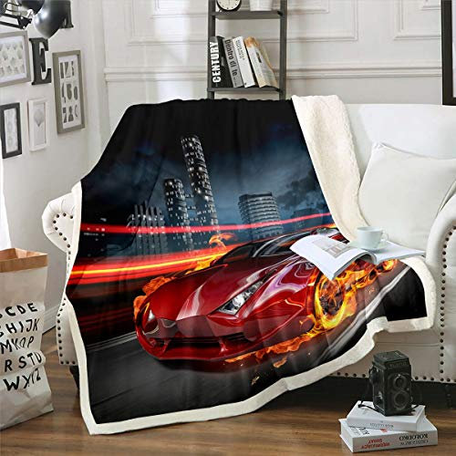 Loussiesd Auto-Plüsch-Decke, 3D-Sportauto, Sherpadecke, Speed-Rennauto-Fleece-Überwurf, Decke für Kinder, Jungen, coole Auto-Stil, flauschige Decke für Sofa, Bett, Couch, Baby, 76,2 x 101,6 cm
