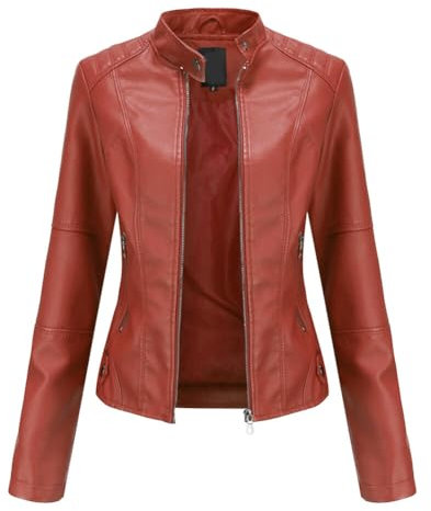 YYNUDA Giacca in pelle da donna, corta, per le mezze stagioni, in ecopelle, con chiusura lampo, per autunno(Rosso XXL)