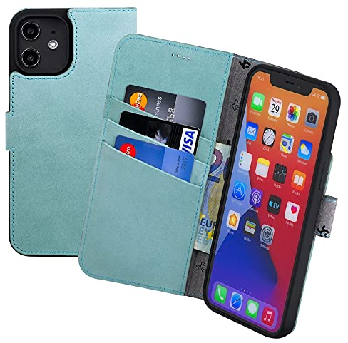 Suncase Book-Style Hülle kompatibel mit iPhone 12 (6.1) Leder Tasche (Slim-Fit) Lederhülle Handytasche Schutzhülle Case mit 3 Kartenfächer in antik-türkis