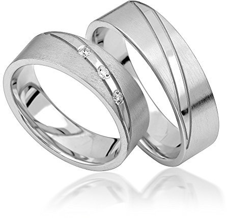 JC Trauringe 925er Sterling Silber Paar-Preis I Ehe-Ringe mit kostenloser Gravur I Verlobungsringe 6 mm breit inkl. Etui-Box I Herren-Ring ohne & Damen-Ring mit Zirkonia-Stein I Gr. 48 bis 72 I S054-S
