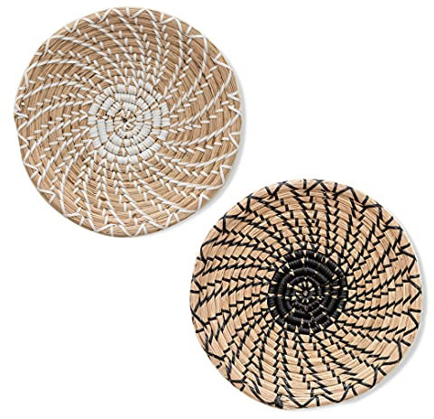 Wandkorb Dekor-Set von 2 (25 cm) - Rattan-Wanddekoration - Weiden-Wandkunst - gewebter Obstkorb - dekorative Schale aus Seegras - Hängekörbe aus natürlichem Seegras