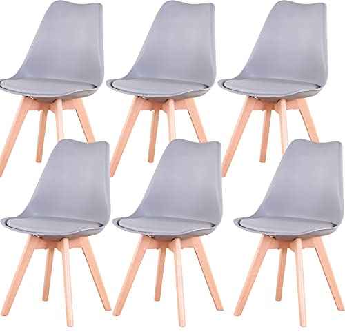 EGOONM 6er Set stühle Esszimmerstühle mit Massivholz Buche Bein, Retro Design Gepolsterter Stuhl Küchenstuhl Holz, Grau