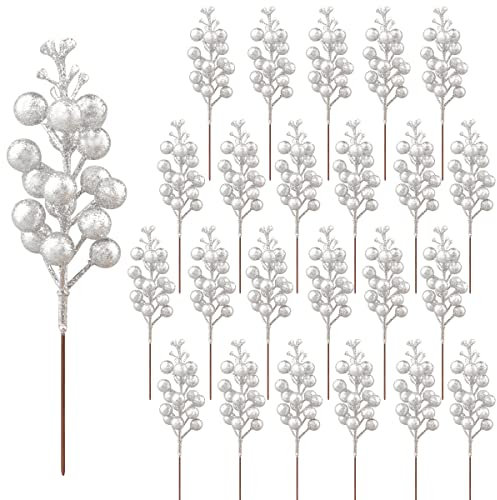 24 Stück Glitzer Silber Beeren Stiele,Künstliche Silber Beeren Pflücken Glitzer Silber Beeren Zweige Weihnachtsbeeren Stiel Picks für Weihnachtsbaum DIY Basteln Hochzeit Ferienzeit Winter Dekoration